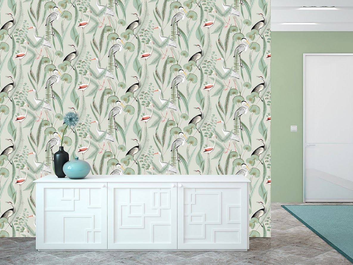 belgisches Tapeten Design beige grün Vögel Decoprint im Wohnzimmer