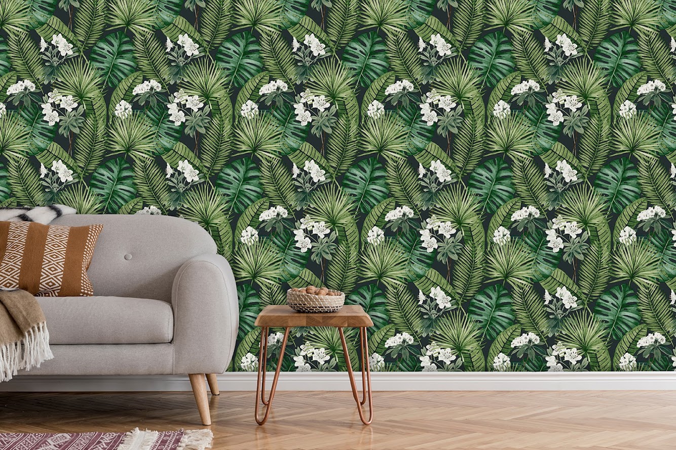 Tapeten Design Decoprint Blätter Blumen Blüten grün weiss schwarz aus Belgien im Wohnzimmer