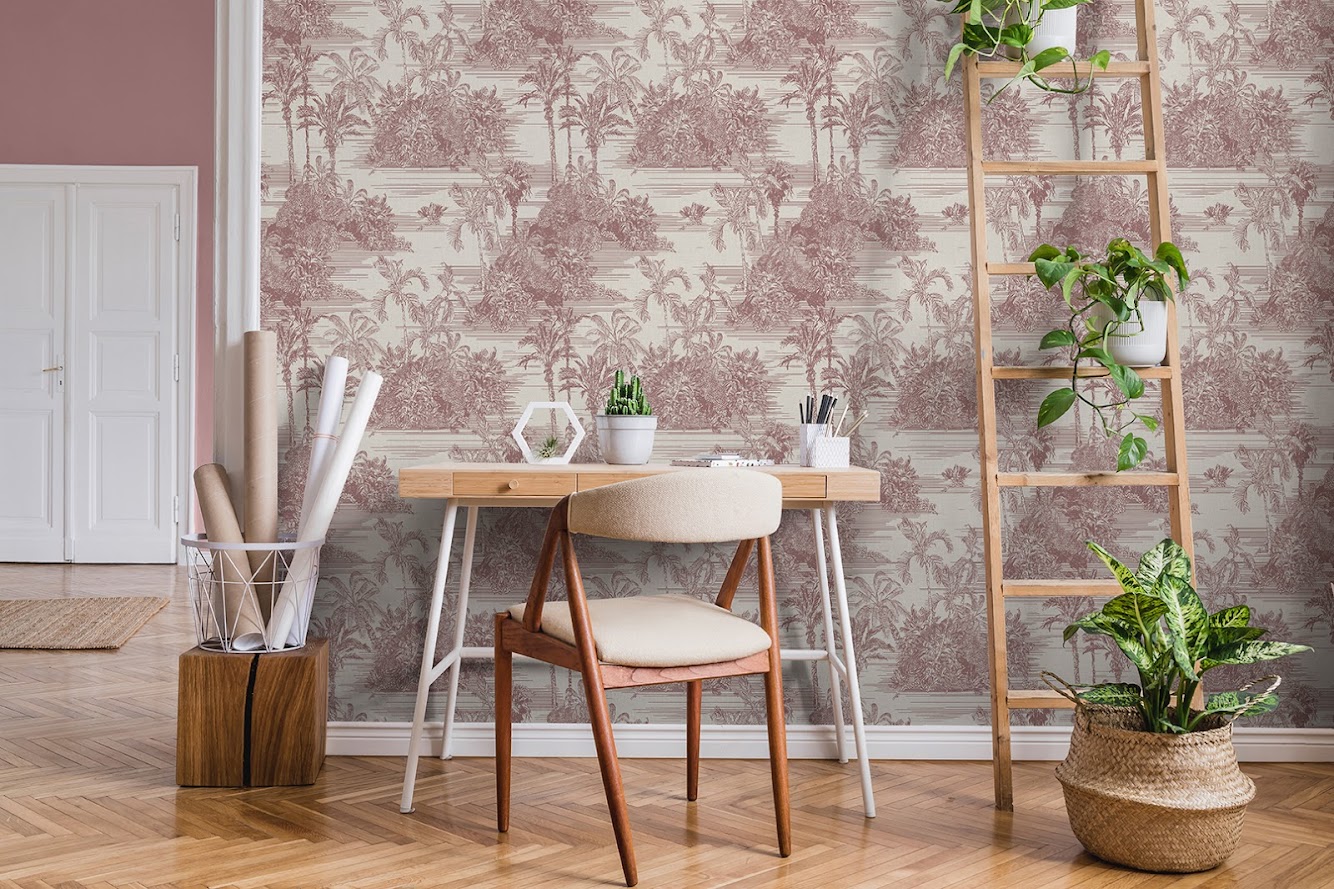 Tapeten Design Blätter Bäume rotbraun beige Decoprint aus Belgien im Wohnzimmer