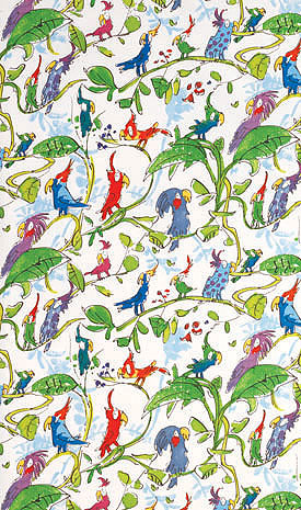 Kinderzimmer Tapete Stoff bunt rot blau grün gelb weiss Vögel Papageien Blätter Hintergrund weiss