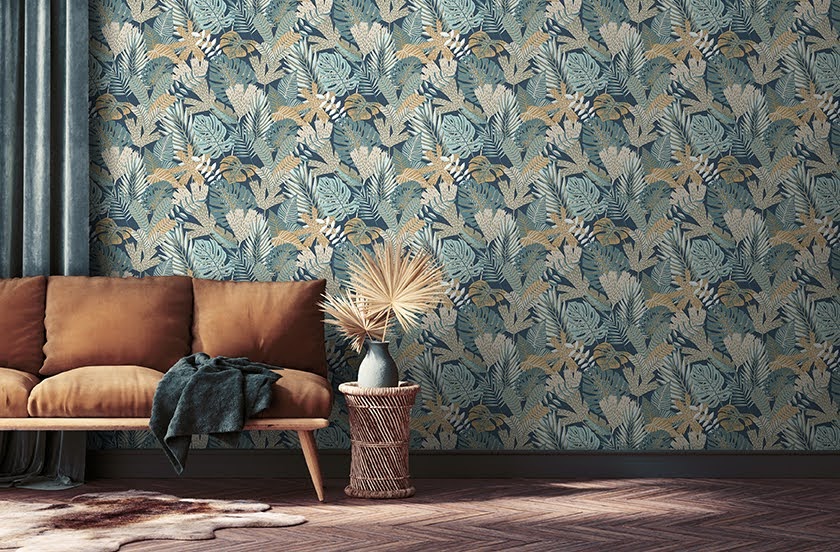 Tapeten Design Decoprint aus Belgien blau grün Blätter im Wohnzimmer