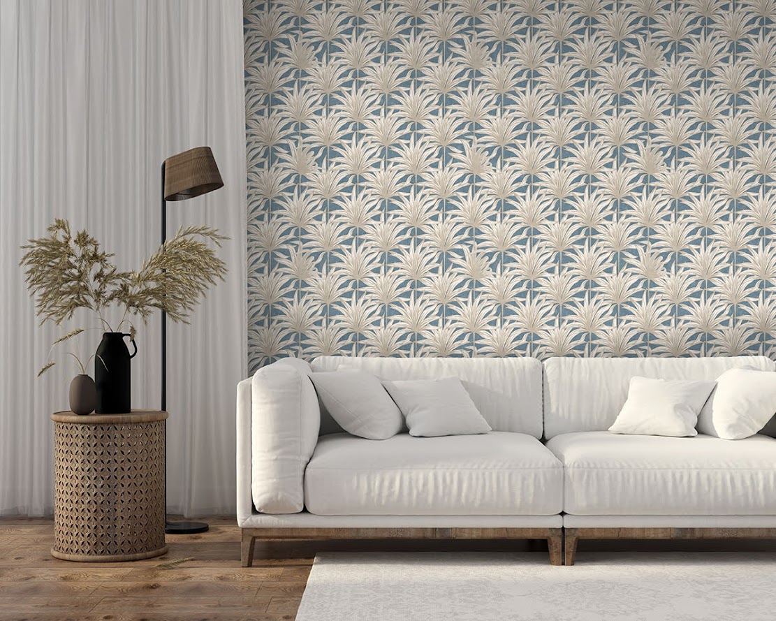 Tapeten Design Decoprint Pflanzen beige blau aus Belgien im Wohnzimmer