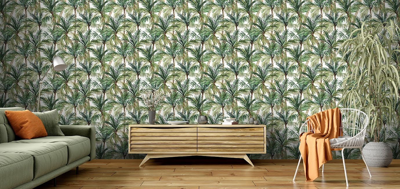 Tapeten Design Blätter Bäume grün weiss Decoprint aus Belgien im Wohnzimmer