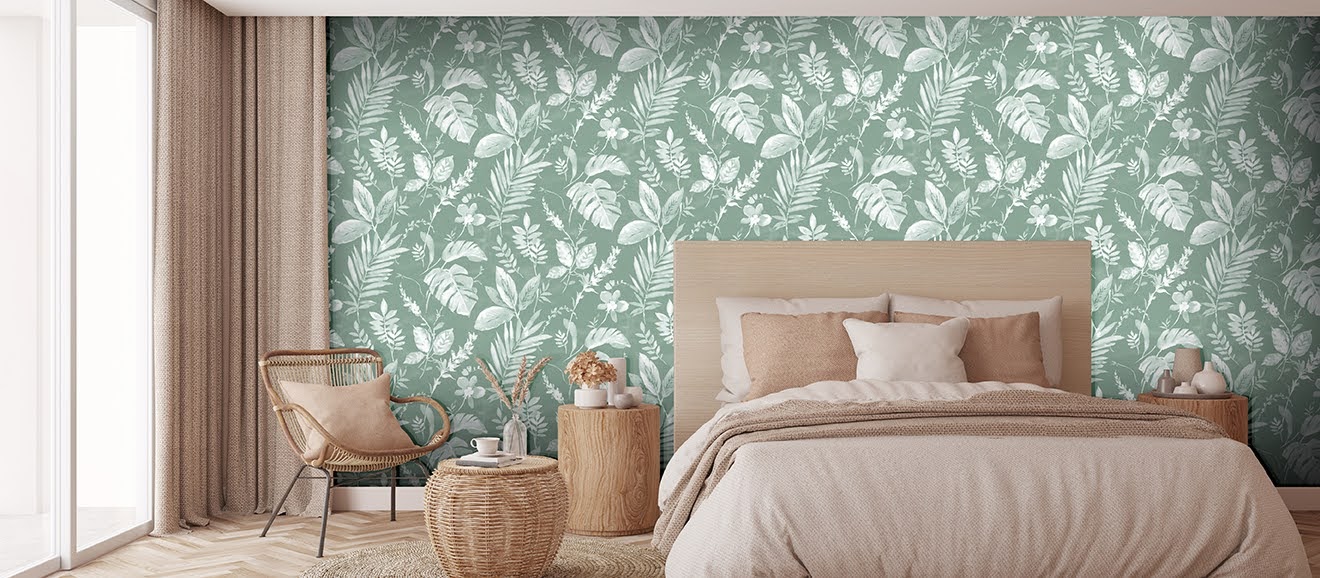 Tapeten Design Blätter grün weiss Decoprint aus Belgien im Schlafzimmer