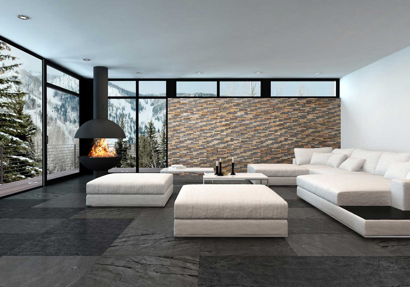 Raumbild mit Holzklinker, Wandpaneel mit edlem Holz im Wohnzimmer mit Kamin