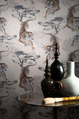 Tapete Jab Design Tiger braun schwarz grau beige im Wohnzimmer aus Berlin auch online zu kaufen
