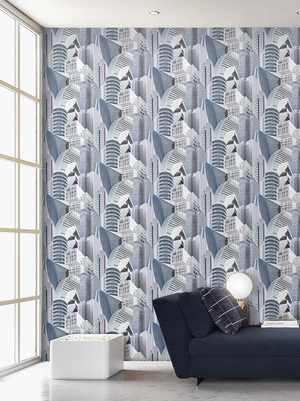 Tapete im Wohnzimmer moderne Hochhäuser türkis 
            weiß in Berlin kaufen
